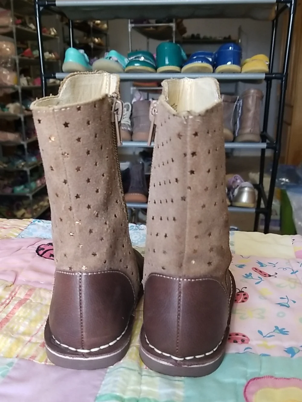 Livie & Luca Brown Leather and Tan Suede Boots With Gold Foil Stars Size 10 Vega